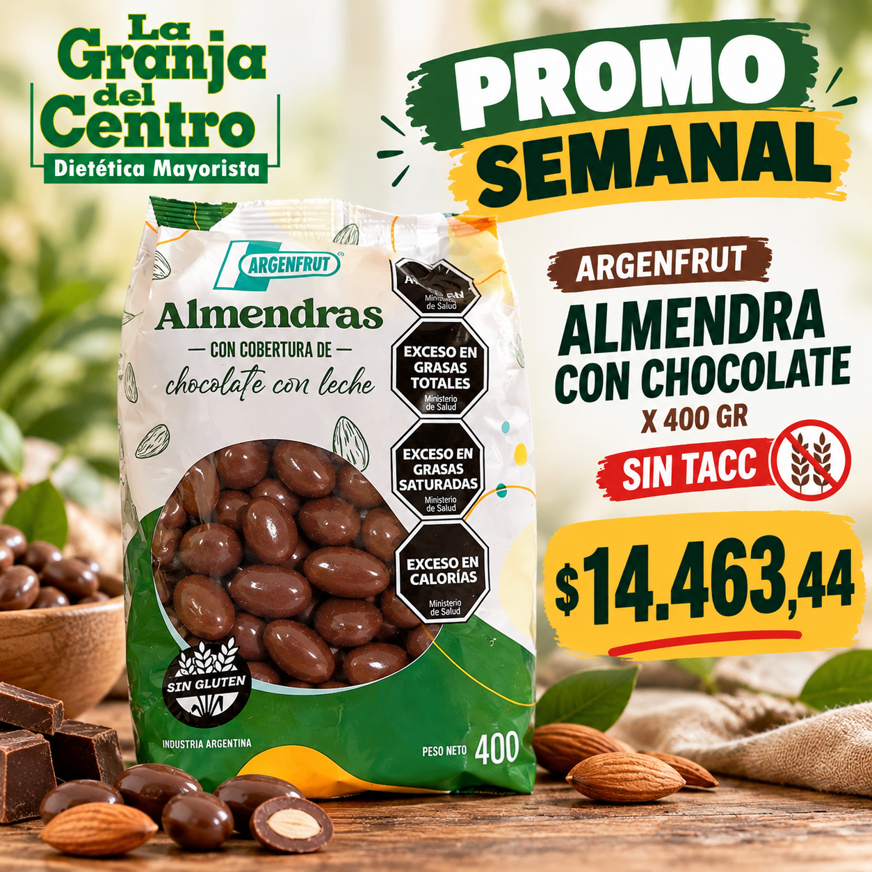 Ofertas y Promociones ARGENFRUT - ALMENDRAS CON CHOCOLATE X 400 GR SIN TACC promo semanal